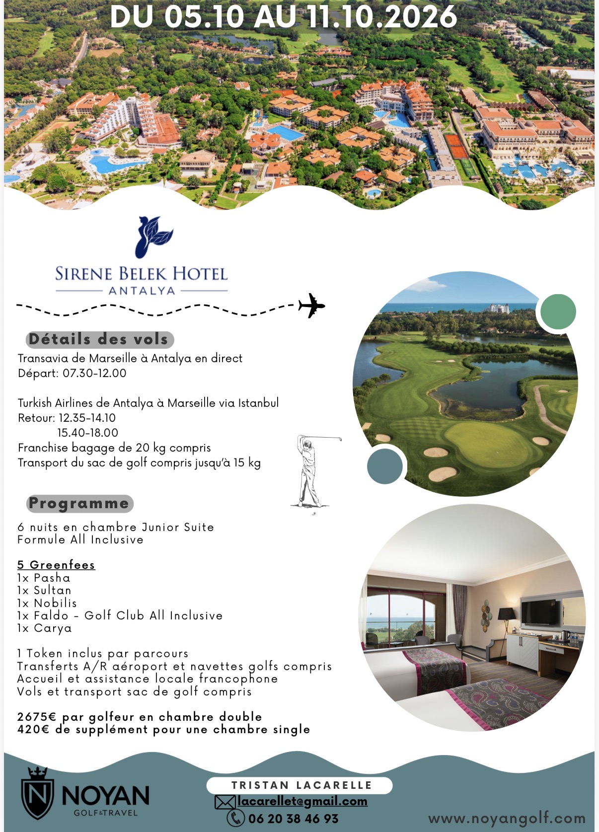 Voyage golf Turquie Belek Antalya avec Tristan Lacarelle - octobre 2026